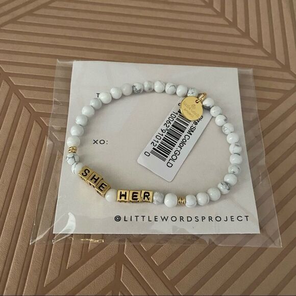Little Words Project Bracelet She Her Stretch Beaded Gold Marble Neutral Casual - Picture 1 of 6